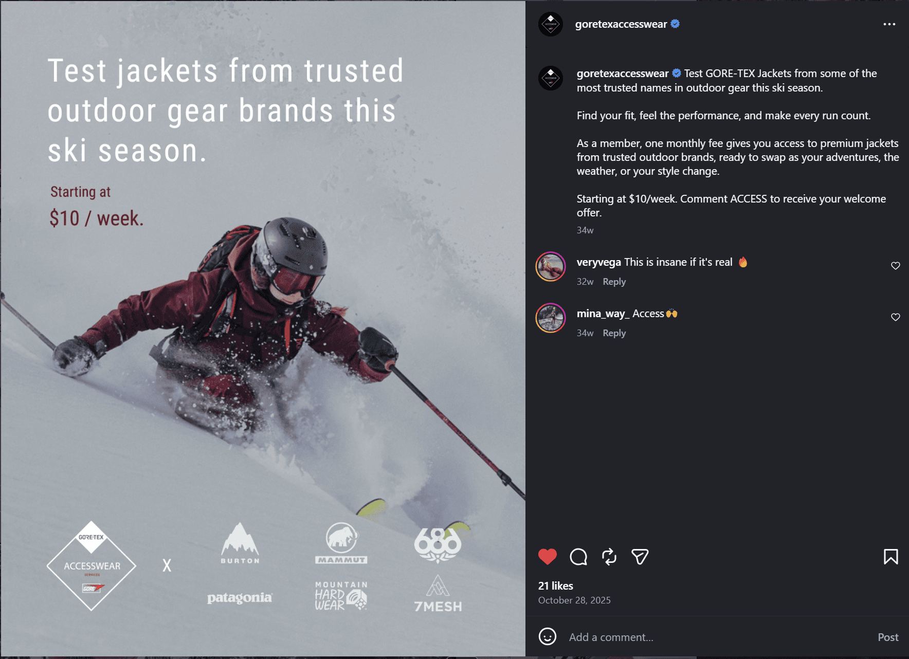 Instagram ad: test jackets from trusted outdoor brands this ski season, starting at $10/week