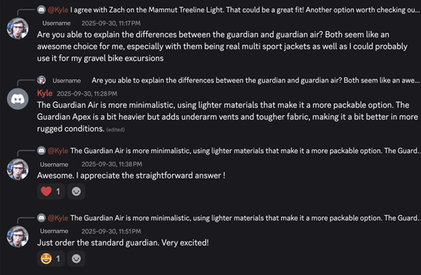 Discord thread of members comparing jackets