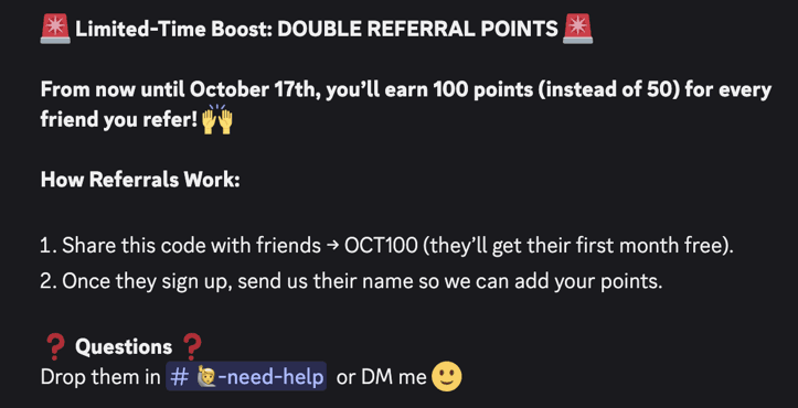 Discord announcement offering double referral points