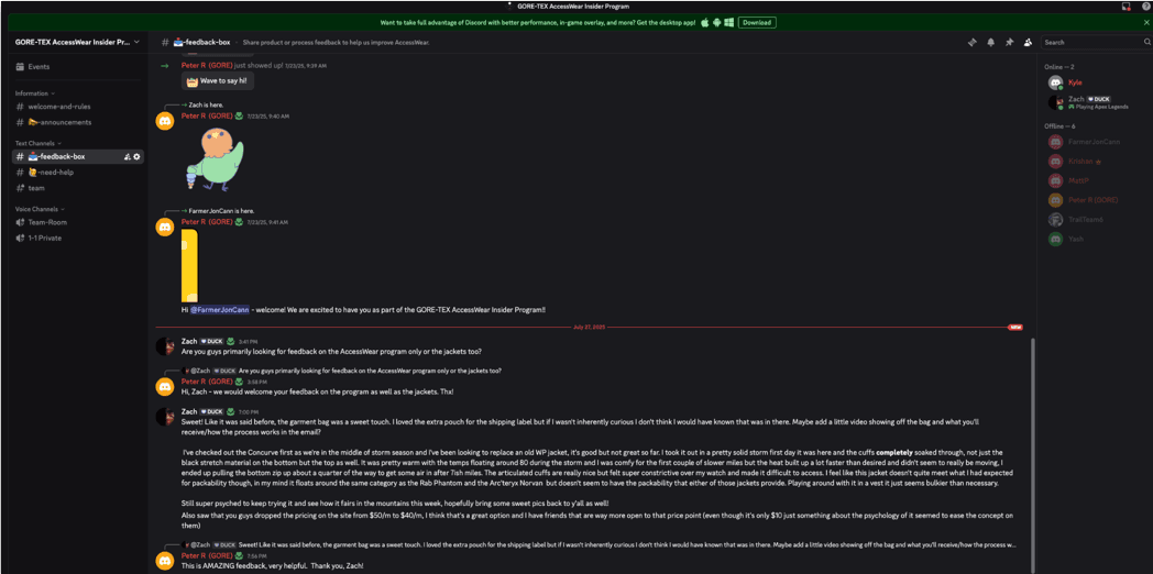 AccessWear Insider Program Discord server with channels and member activity