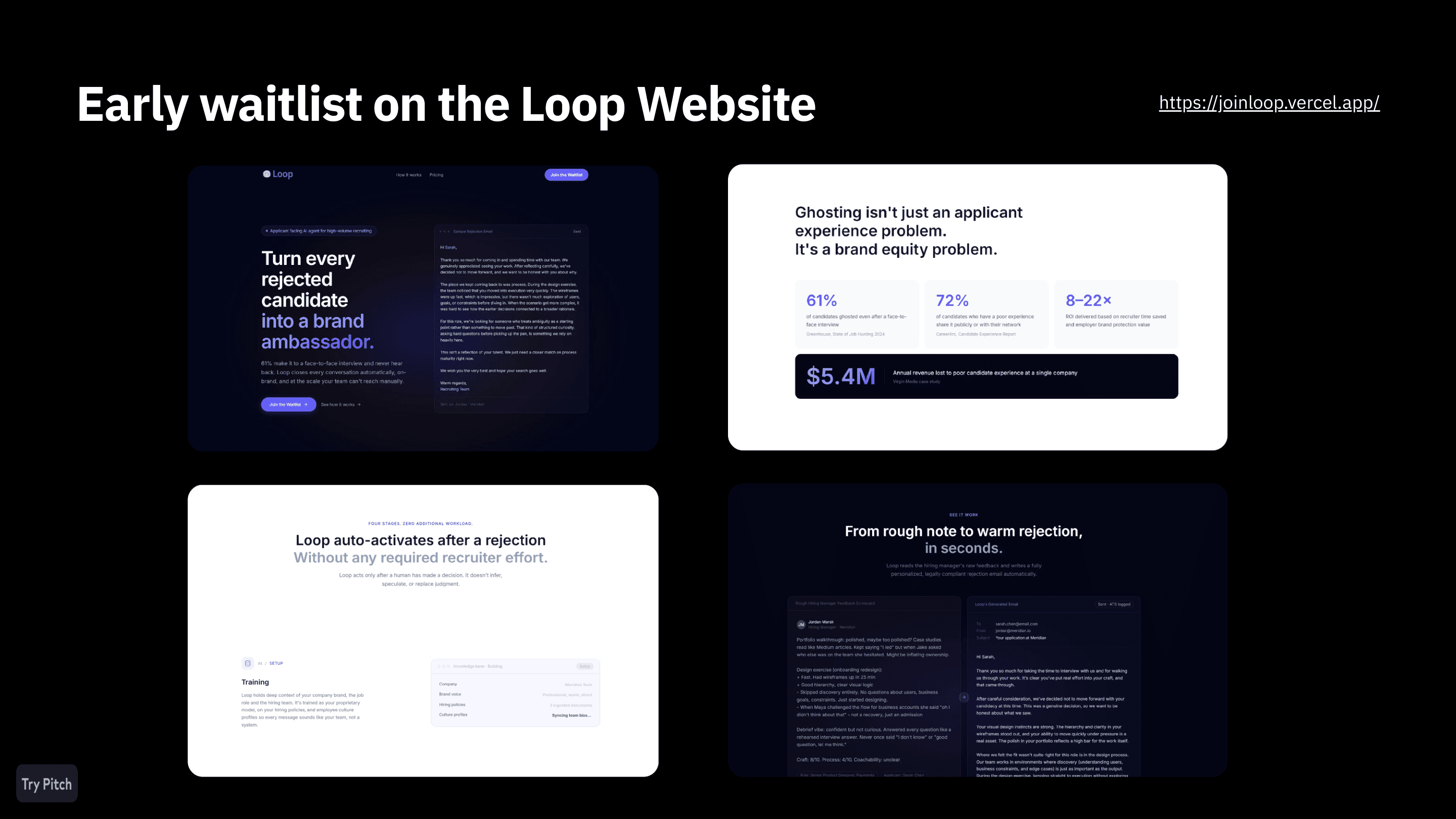 Loop go-to-market artifacts: waitlist site, LinkedIn page, and ad campaigns