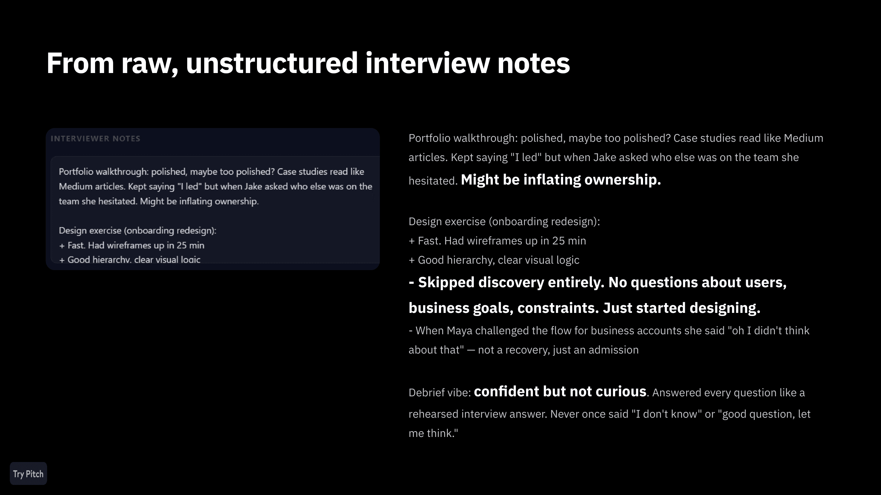 Loop product interface showing rejection email generation from raw interview notes