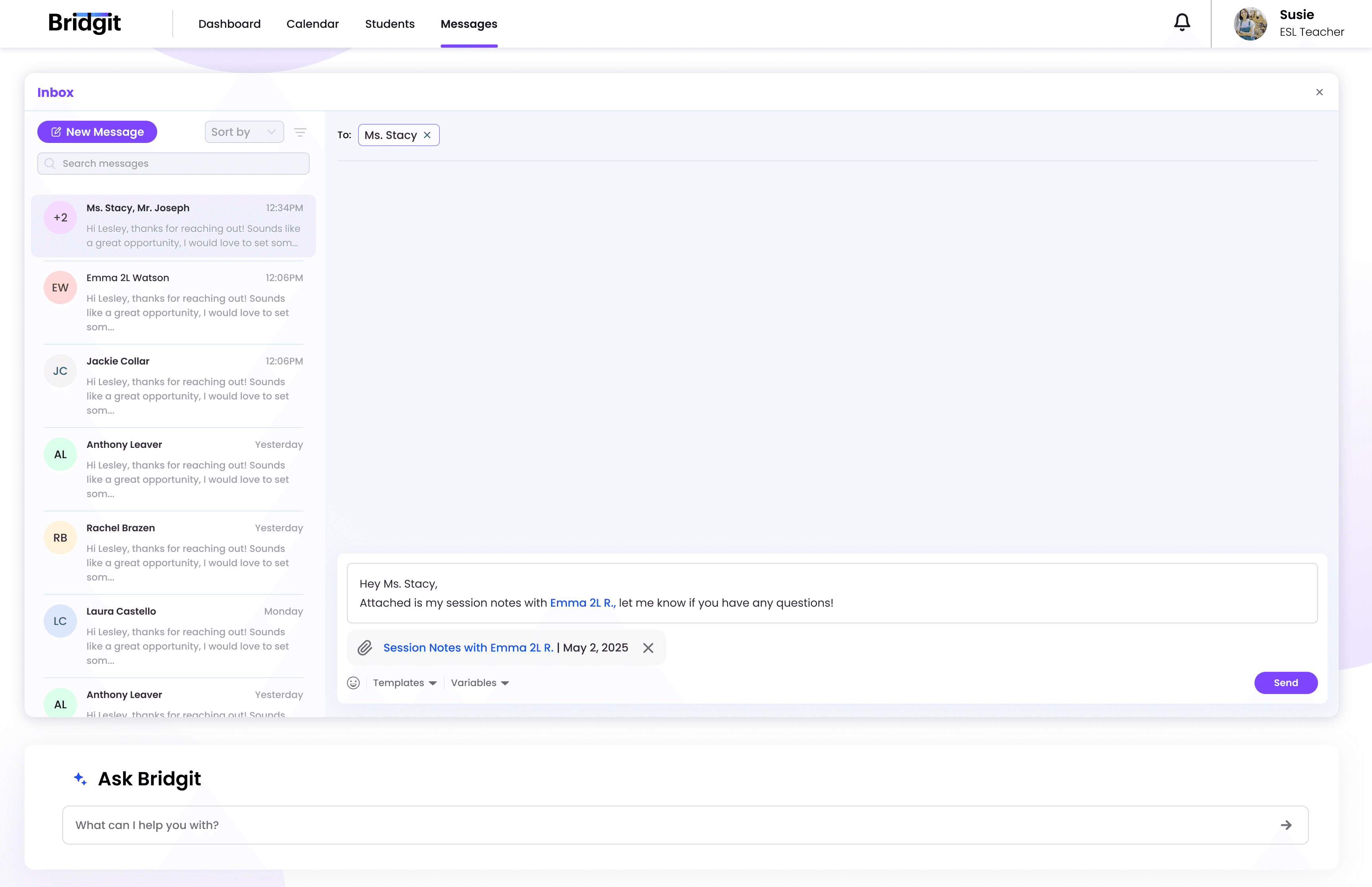 AI-drafted communication shared into the Messages view between specialist and primary teacher