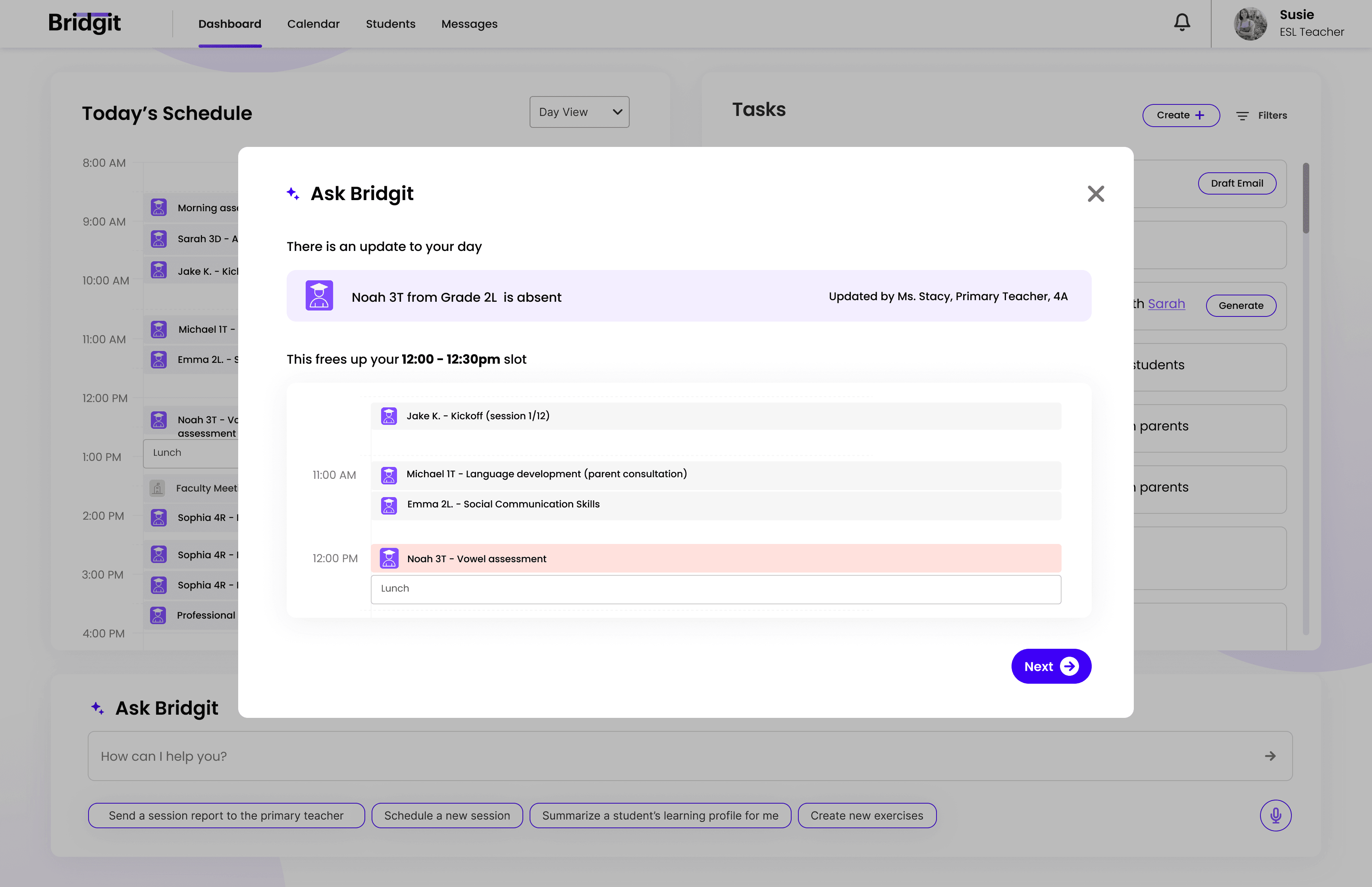 Absence notification with schedule impact, affected student progress, and AI-generated makeup schedule