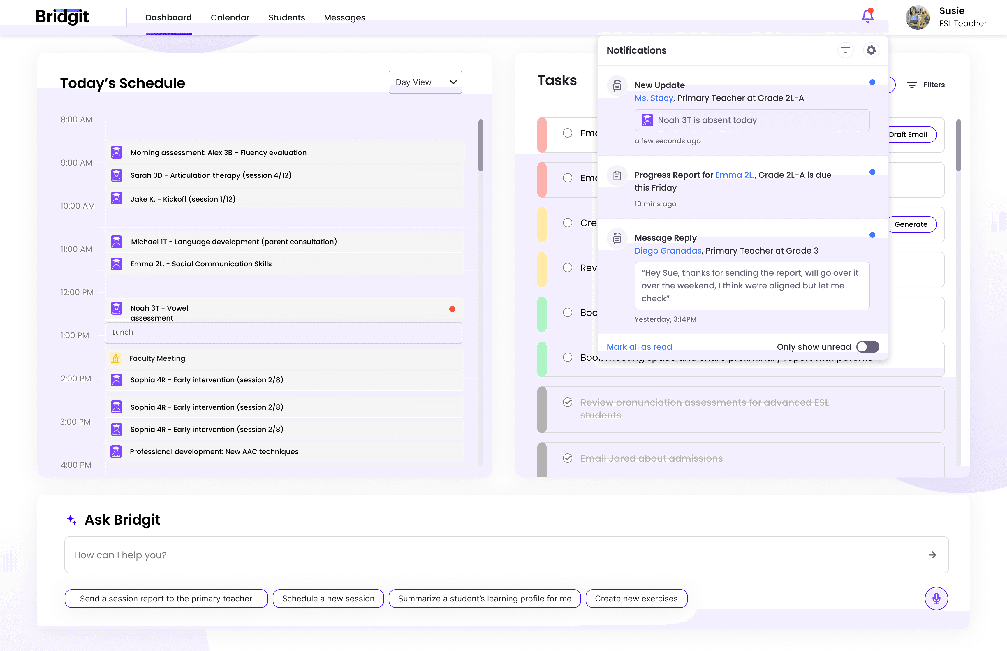 Bridgit dashboard with personalized schedule, urgency-sorted tasks, and proactive AI assistant