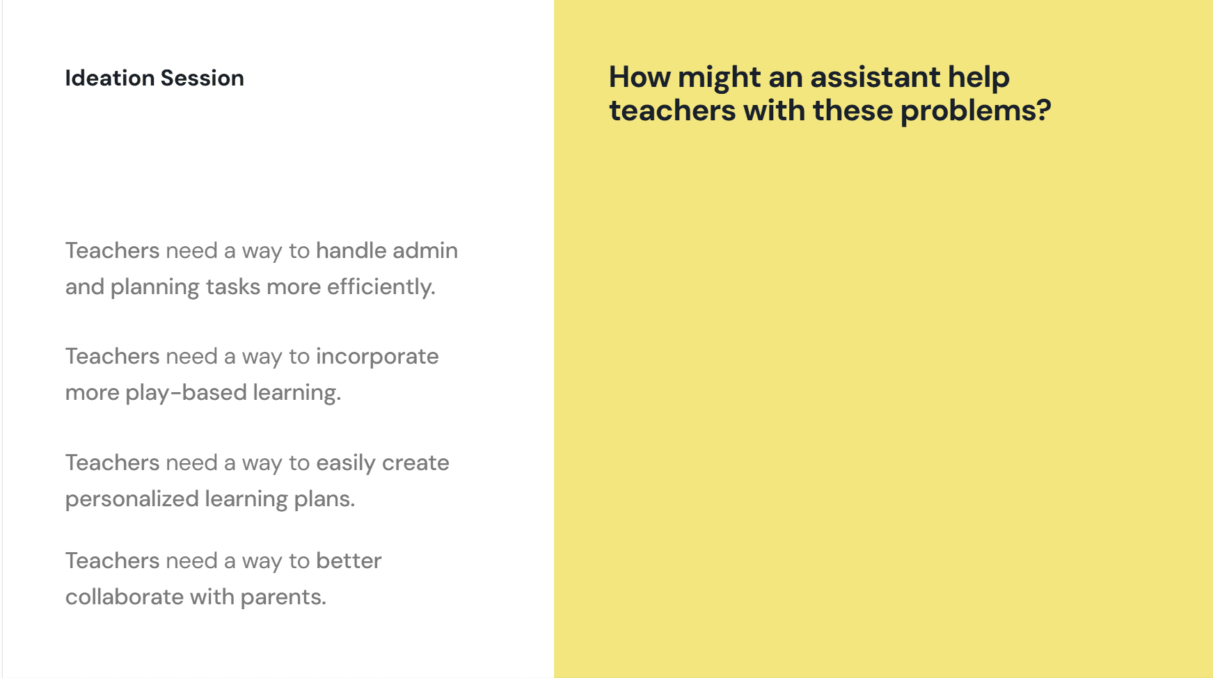 Ideation session slide asking how an assistant might help teachers