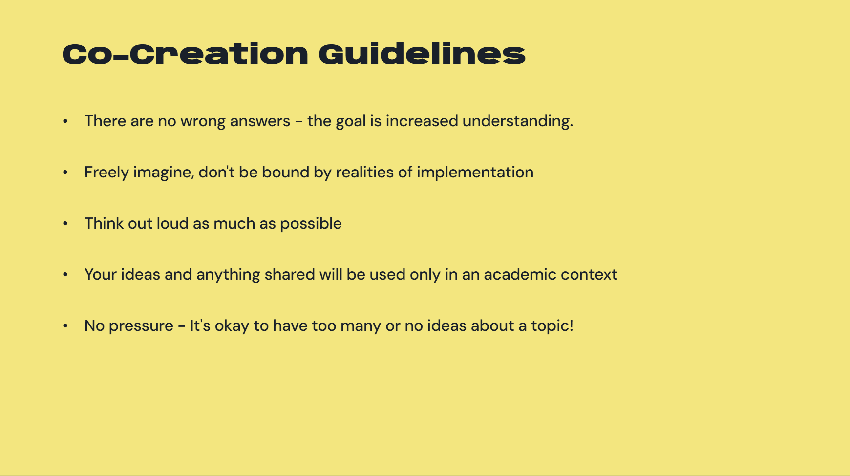 Co-Creation Guidelines slide listing workshop ground rules