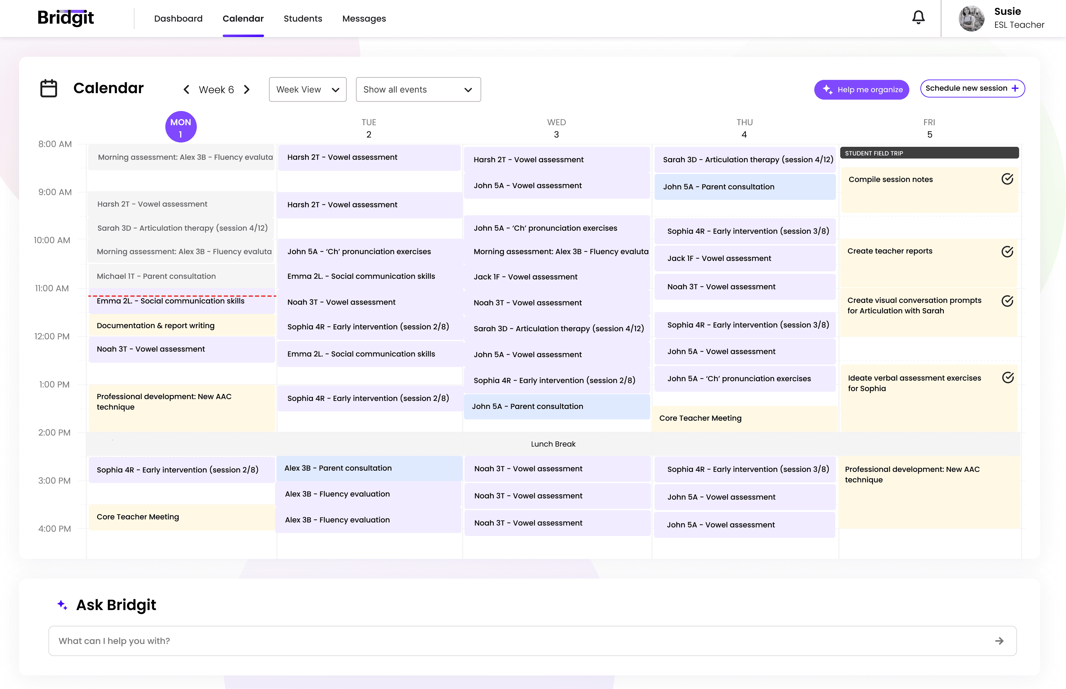Calendar view showing the specialist's schedule alongside other teachers and the school calendar