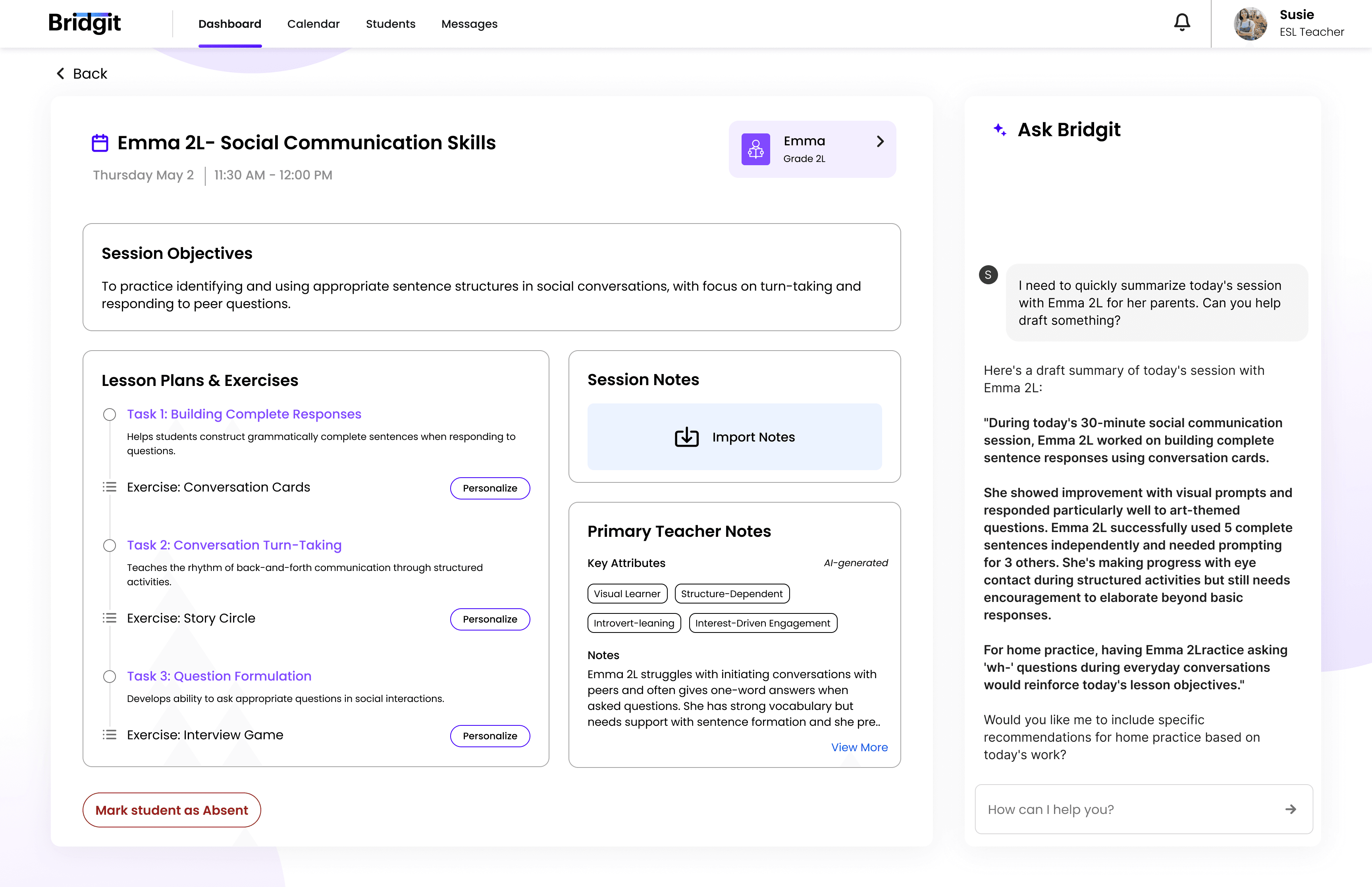 Session detail view showing objectives, lesson plans, teacher notes, and AI personalization suggestions