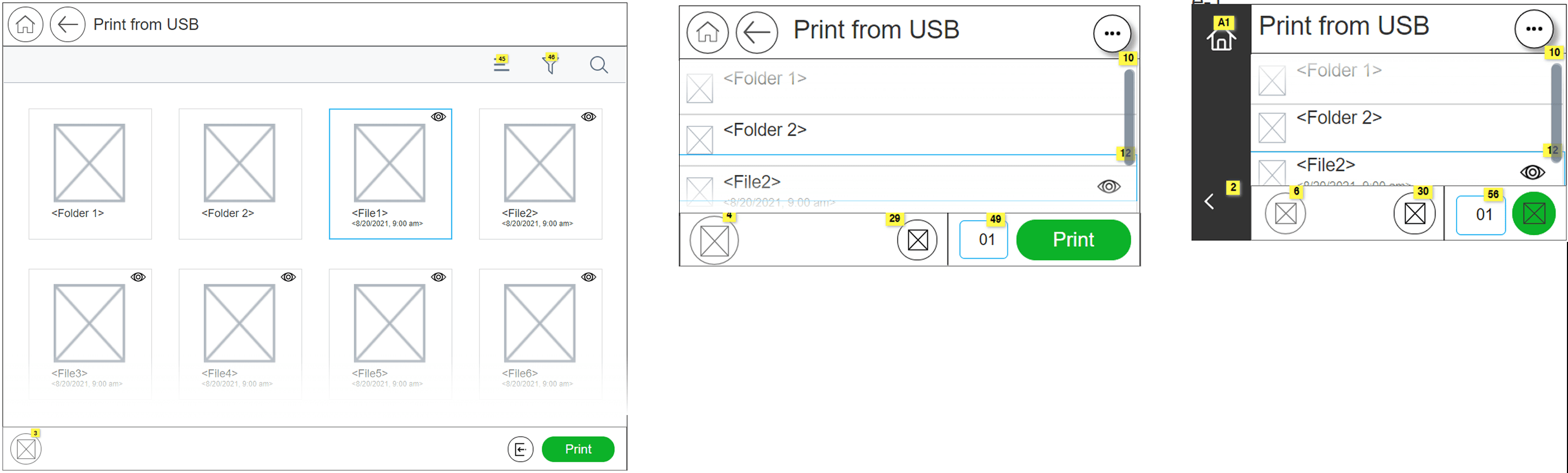 Print from USB wireframe across three size groups side by side: XL (21-inch grid), S (4.3-inch list), and XS (2.7-inch dark panel), with annotated component numbers