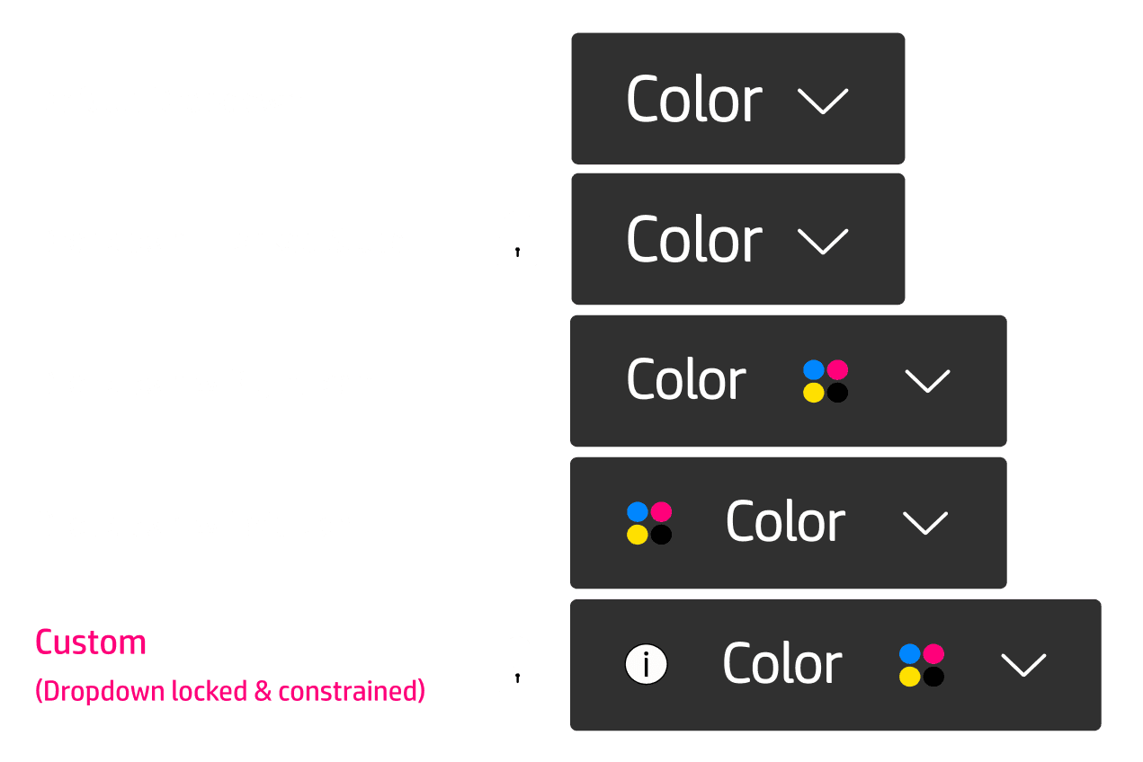 Scale UI dropdown component variants: default, locked state, with right icon, with left icon, custom locked and constrained