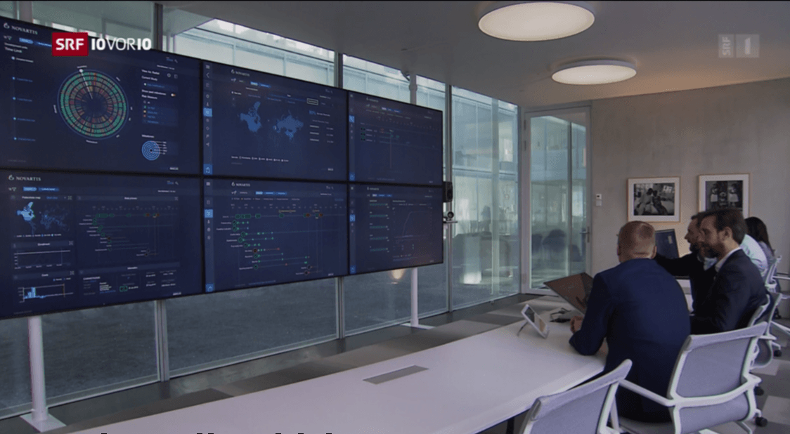 SENSE Bridge control center featured in a broadcast news segment, with the SRF 10vor10 logo visible on screen